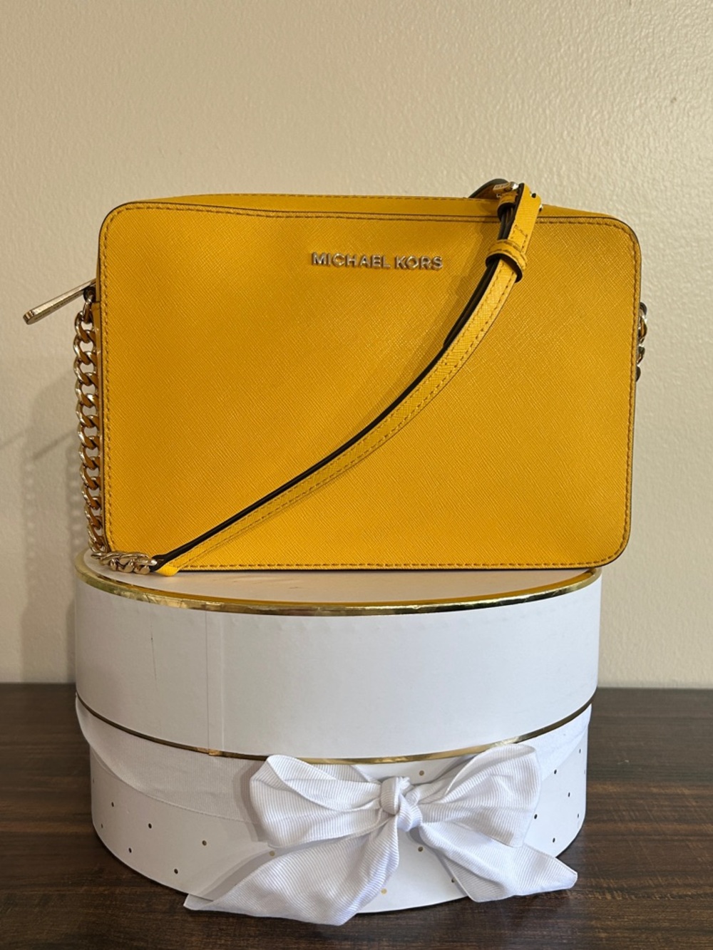 MICHAEL KORS Yellow Saffiano Crossbody with Gold Chain Strap